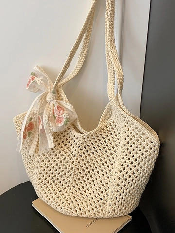 Bolso Tote de Ganchillo Calado para Mujer Poliéster Bolso de Hombro Tejido Con Pañuelo de Encaje Bordado Floral Bolso de Mano de Verano