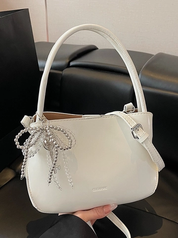 Borsa a Secchiello in Pelle PU Minimalista di Alta Gamma da Donna Borsa a Tracolla Urbana Versatile Con Pendente a Fiocco e Chiave