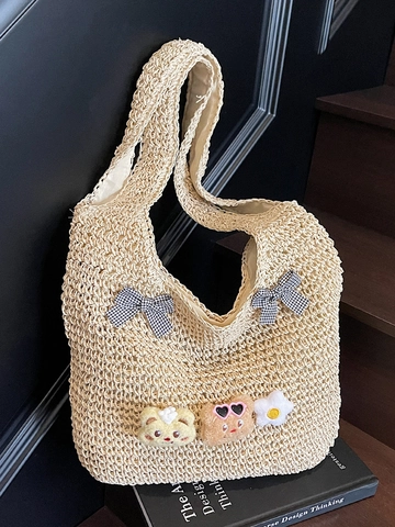 Süße Handgewebte Stroh Tragetasche Für Damen Mit Schleife Und Cartoon-Patches Durchbrochene Sommer Strand Urlaub Schultertasche