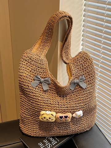 Süße Handgewebte Stroh Tragetasche Für Damen Mit Schleife Und Cartoon-Patches Durchbrochene Sommer Strand Urlaub Schultertasche