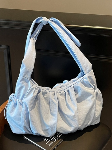 Bolso de Hombro Fruncido Nube de Gran Capacidad para Mujer Bolso Tote de Nailon Plisado con Correa con Nudo Casual Urbano Color Sólido
