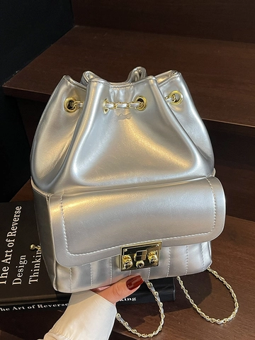 Women Korean Style Pleated Drawstring Bucket Bag Luxury Quilted PU Leather Chain Shoulder Bag Versatile Daily Small Backpack