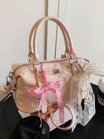 Korean Style Girly Embossed PU Leather Boston Bag For Women Cute Embroidery Handbag With Pearl Lace Bow Ribbon Pendant Crossbody Bag