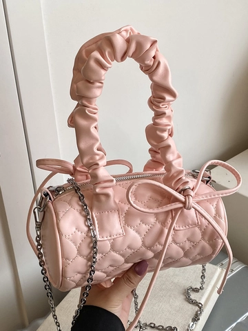 Bolso Boston de Mujer Acolchado con Corazón Cuero PU Asa de Scrunchie Lazo Bolso de Hombro Moda Cilindro Cadena Bandolera