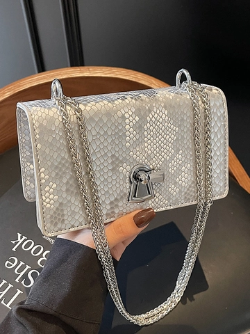 Borsa a Spalla in Pelle PU con Motivo a Serpente per Donna Tracolla a Catena Metallica Piccola Borsa Quadrata con Chiusura a Scatto
