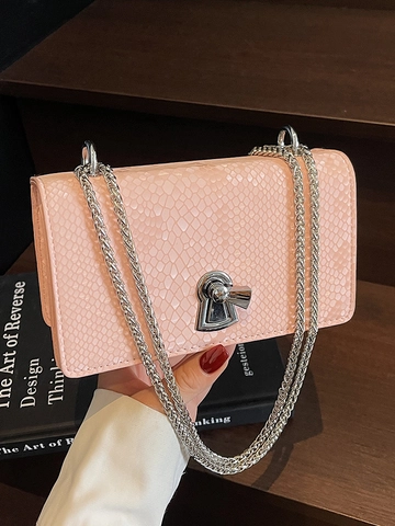 Borsa a Spalla in Pelle PU con Motivo a Serpente per Donna Tracolla a Catena Metallica Piccola Borsa Quadrata con Chiusura a Scatto