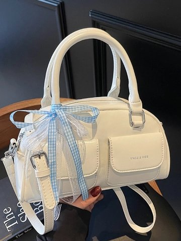 Damen Französisch Süß Schleife Spitze PU Leder Boston Tasche Glänzend Quadratisch Handtasche Umhängetasche Doppelter Tasche Schultertasche