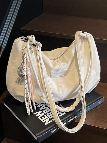 Urban Minimalist Large Capacity PU Leather Shoulder Bag For Women Slouchy Style Hobo Tote Bag With Braided Handle Tassels