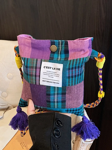 Retro Patchwork Karomuster Umhängetasche Für Damen Ins Stil Lässiger Geflochtener Gurt Quaste Dekor PU Kleine Quadratische Tasche
