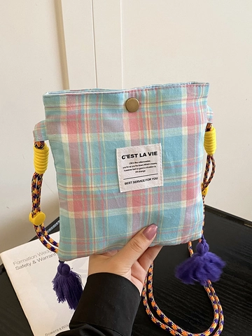 Retro Patchwork Karomuster Umhängetasche Für Damen Ins Stil Lässiger Geflochtener Gurt Quaste Dekor PU Kleine Quadratische Tasche