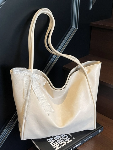 Fashion Women Large Capacity Soft PU Tote Bag Casual Commute Shoulder Bag With Elegant Lace Bow Decoration Solid Handbag