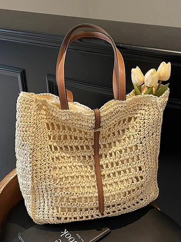 Women Large Capacity Woven Straw Tote Bag Casual Beach Vacation Style Hollow Out Shoulder Bag With Leather Strap