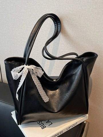 Fashion Women Large Capacity Soft PU Tote Bag Casual Commute Shoulder Bag With Elegant Lace Bow Decoration Solid Handbag