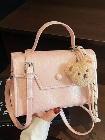 Niche Design PU Leather Crossbody Square Bag For Women Solid Color Small Handbag With Bear Charm Commute Fashion Shoulder Bag
