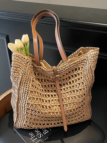 Women Large Capacity Woven Straw Tote Bag Casual Beach Vacation Style Hollow Out Shoulder Bag With Leather Strap