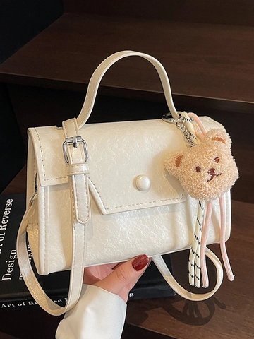 Niche Design PU Leather Crossbody Square Bag For Women Solid Color Small Handbag With Bear Charm Commute Fashion Shoulder Bag