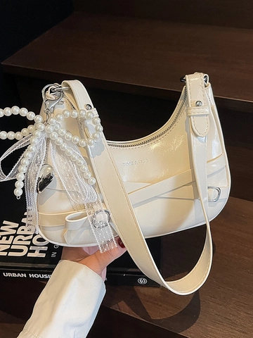 Bolso Hobo de Cuero PU de Moda Bolso de Hombro de Bandolera Mujer Con Colgante Corazón Lazo Perla Artificial Bolso Dumpling Urbano Estilo Simple