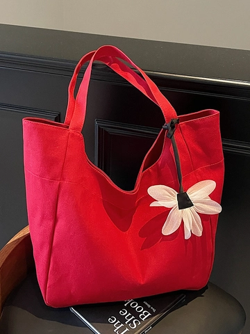 Grand Sac Cabas en Cuir PU pour Femmes Style Coréen Minimaliste Sac à Épaule Décontracté Léger Sac de Shopping avec Charme de Fleur