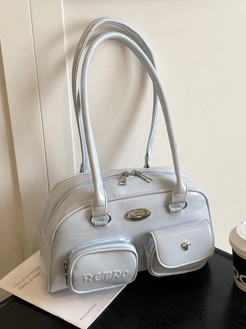 Women Retro Boston Shoulder Bag PU Leather Underarm Bag Metallic Glossy Y2K Fashion Multi Pocket Handbag Solid Color Versatile Purse