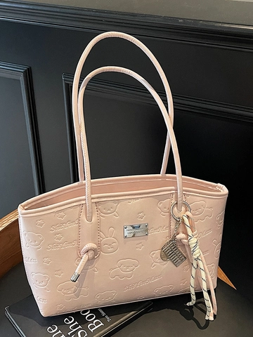 Korean Style Sweet Cartoon Bear Embossed Large Capacity PU Leather Tote Bag Fashion Commuter Underarm Shoulder Bag For Women
