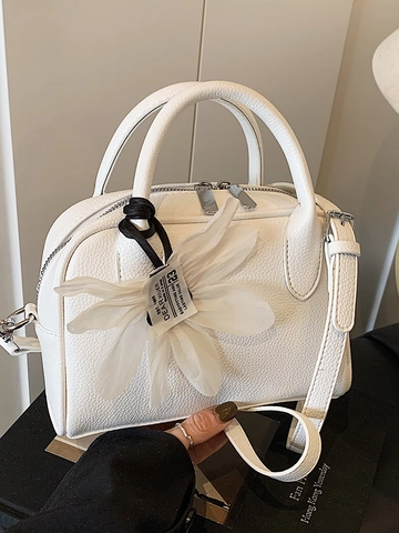 Women Fashion Korean Casual Lychee Pattern PU Boston Bag Minimalist Small Handbag With Detachable Shoulder Strap Daily Shoulder Crossbody Bag