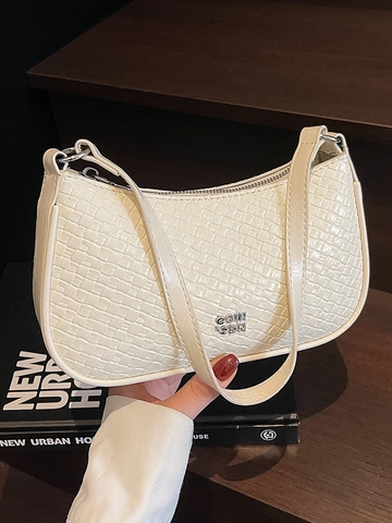 Moda Textura Tejida Bolso De Axila Cuero PU Para Mujeres Simple Color Sólido Bolso De Hombro Bandolera Con Logo Metal Chic Diario