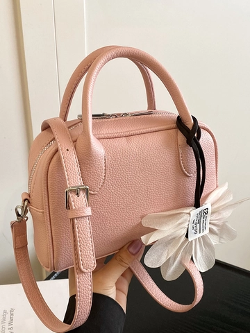 Women Fashion Korean Casual Lychee Pattern PU Boston Bag Minimalist Small Handbag With Detachable Shoulder Strap Daily Shoulder Crossbody Bag