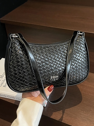 Moda Textura Tejida Bolso De Axila Cuero PU Para Mujeres Simple Color Sólido Bolso De Hombro Bandolera Con Logo Metal Chic Diario