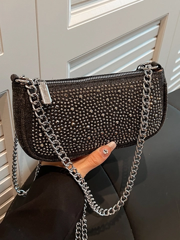 Damen Y2K Stil Denim Unterarmtasche Volle Strass Baguette Tasche Trendige Nische Design Silberne Kette Umhängetasche Für Alltag Party