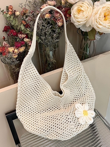 Borsa a Spalla in Maglia Boho Traforata All'uncinetto per Donna Grande Capacità Intrecciata Margherita Fiore Tote Spiaggia