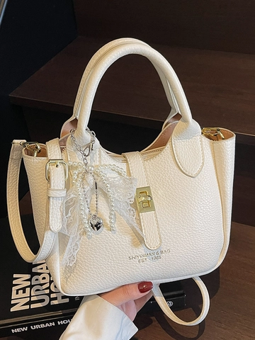 Korean Fashion Litchi Grain PU Leather Bucket Bag For Women Urban Commute Crossbody Handbag With Artificial Pearl Lace Bow Charm