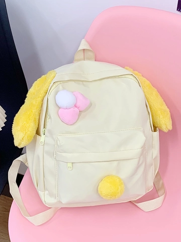 Cute Rabbit Ears Backpack For Women Teen Girls Lightweight Nylon Travel School Bag Creamy Yellow Plush Decor Daypack