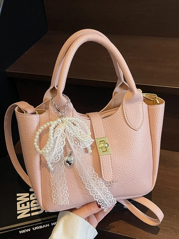 Korean Fashion Litchi Grain PU Leather Bucket Bag For Women Urban Commute Crossbody Handbag With Artificial Pearl Lace Bow Charm