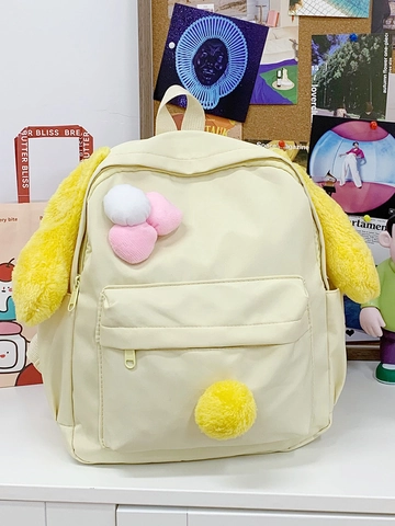 Cute Rabbit Ears Backpack For Women Teen Girls Lightweight Nylon Travel School Bag Creamy Yellow Plush Decor Daypack
