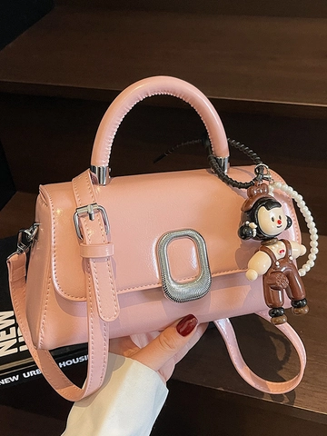 Damen Glänzende PU Leder Kleine Quadratische Tasche Handtasche Umhängetasche Mit Metallschnalle Und Cartoon Puppe Anhänger Mode Tasche
