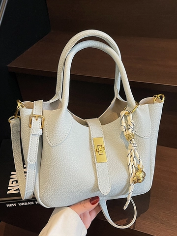 Borsa a Secchiello da Donna in Pelle PU con Motivo Litchi Borsa a Tracolla Minimalista con Serratura in Metallo e Tracolla Intrecciata