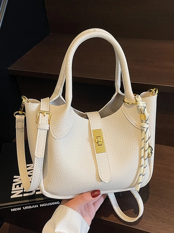 Borsa a Secchiello da Donna in Pelle PU con Motivo Litchi Borsa a Tracolla Minimalista con Serratura in Metallo e Tracolla Intrecciata