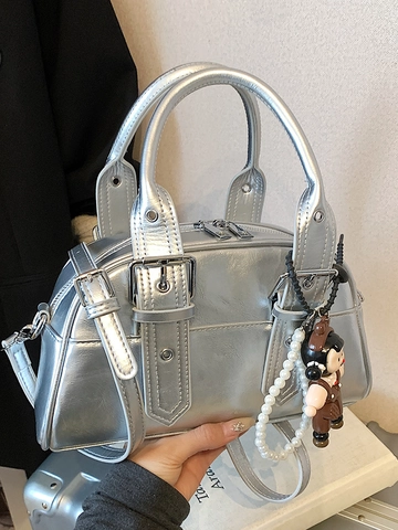 Women Shiny PU Leather Boston Bag Fashion Commuter Handbag Crossbody Bag With Detachable Adjustable Strap Solid Color Stylish Top Handle Purse