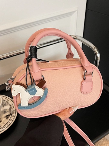 Women Fashion Pebbled PU Leather Boston Bag Small Bowling Handbag With Horse Charm Urban Minimalist Daily Crossbody Bag