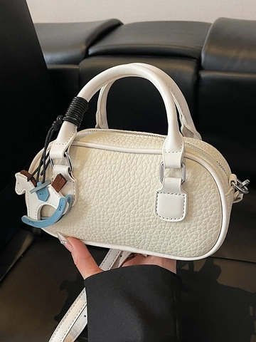 Women Fashion Pebbled PU Leather Boston Bag Small Bowling Handbag With Horse Charm Urban Minimalist Daily Crossbody Bag