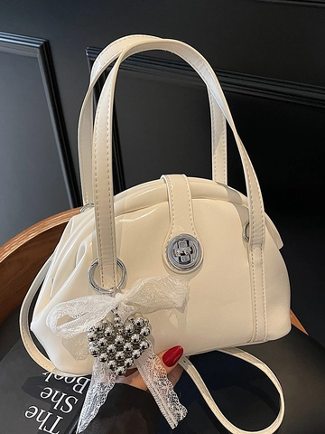 Sac Coquille en Cuir PU Brillant Rétro pour Femmes Avec Élégant Nœud en Dentelle Charme de Cœur Sac à Bandoulière Rétro Usage Quotidien