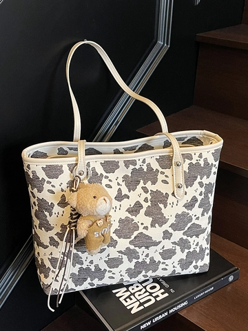Damen Große Kapazität Kuhmuster Tote Tasche Europäisch Retro PU Leder Umhängetasche Kuh Print Pendler Handtasche Mit Teddybär Anhänger