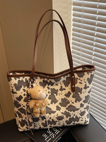 Damen Große Kapazität Kuhmuster Tote Tasche Europäisch Retro PU Leder Umhängetasche Kuh Print Pendler Handtasche Mit Teddybär Anhänger