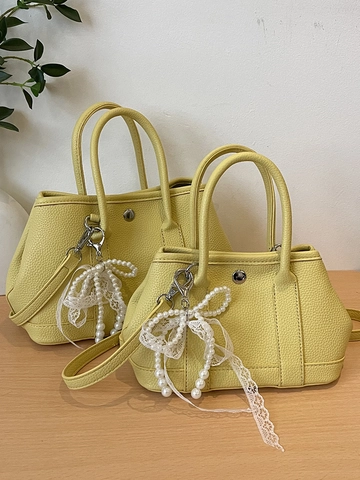 Borsa a Secchiello in Pelle PU da Donna di Moda Handbag Minimalista Tinta Unita Tracolla con Ciondolo Fiocco Perle Pizzo Tote