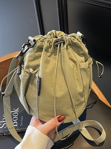 Borsa a Secchiello con Coulisse in Nylon Leggero da Donna Borsa a Tracolla Casual con Tasca in Rete Borsa a Mano per Viaggi Quotidiani
