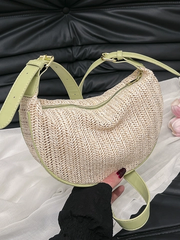 Women Summer Straw Woven Crossbody Bag Casual Half Moon Shoulder Bag With Contrast Color Leather Trim Zipper Travel Handbag