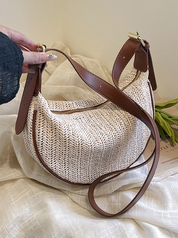 Women Summer Straw Woven Crossbody Bag Casual Half Moon Shoulder Bag With Contrast Color Leather Trim Zipper Travel Handbag