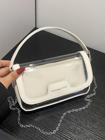 Women Fashion Transparent Jelly Handbag PU PVC Splicing Square Crossbody Bag With Metal Chain Strap Niche Commuter Bag