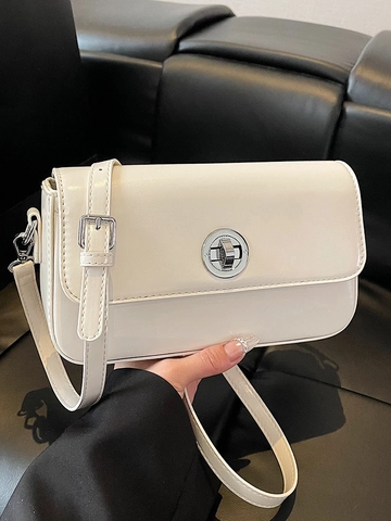 Women Fashion PU Leather Small Square Bag Stylish Solid Color Crossbody Bag With Silver Rotating Lock Urban Daily Shoulder Bag