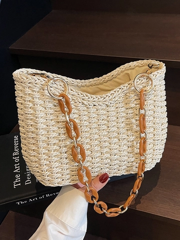 Damen Strohgeflecht Schultertasche Strandurlaub Handtasche Mit Bernstein Acryl Kettenriemen Bohemian Minimalistische Strohtasche Sommer